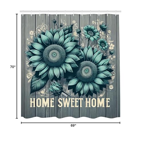 Ambesonne Teal Shower Curtain, Aquamarine Tone Sunflowers And Home Concept Phrase Modern Rustic Farmhouse, Cloth Fabric Bathroom